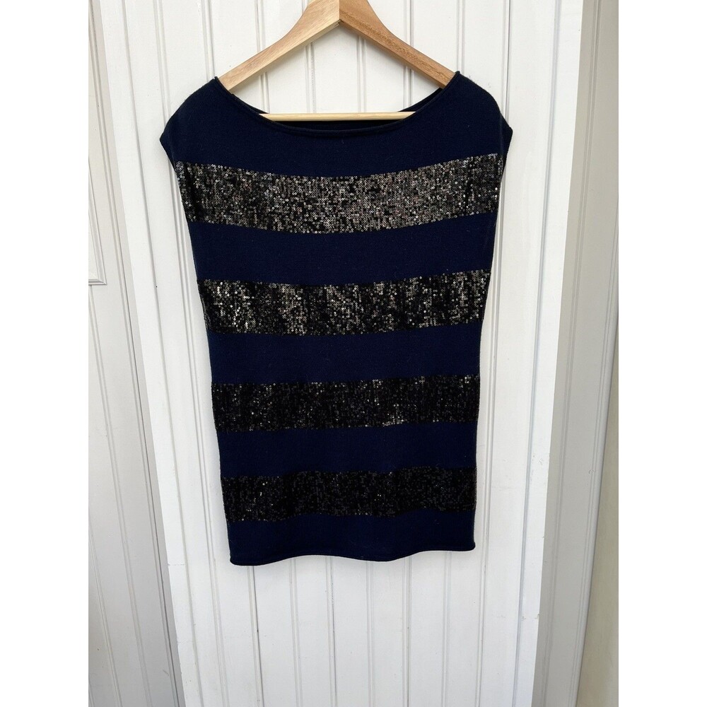 Alice and Olivia Sz XS Sequin Stripe Wool Black Blue Sweater Vest